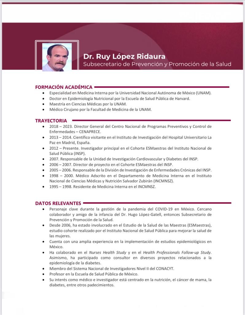 El Dr. López Ridaura sustituye a Hugo López-Gatell en la subsecretaría de Salud. 