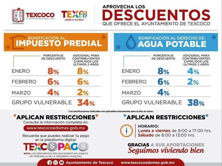 Ayuntamiento de Texcoco Tiene para ti Descuentos en Pago Predio y Agua

