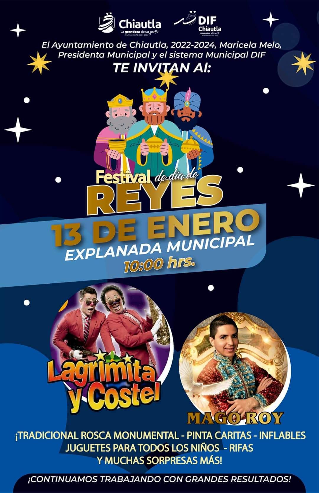 En Chiautla invita la Alcaldesa Maricela Melo el 13 de Enero y su ayuntamiento a festejar el día Reyes Magos en la explanada municipal 