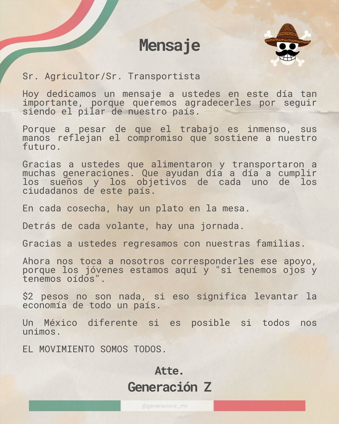 Agricultores y transportistas son el pilar de nuestro país: Generación Z 